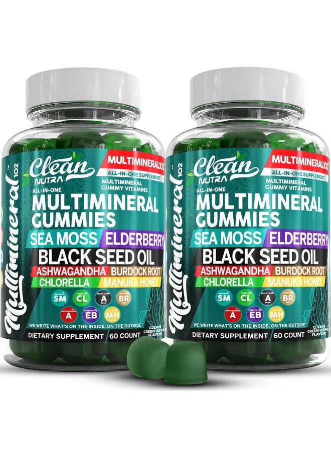 Clean Nutraceuticals جواهر زيت بذور الكمون الأسود مع الطحالب البحرية مع أشواغاندا وتوت البلسان وجذر الأرقطيون والكلورلا وعسل مانوكا - فيتامينات جيلاتينية نباتية للبالغين والأطفال والرجال والنساء - متعددة المعادن بنكهة التفاح الأخضر من كلين نوترا - عبوتين - Image 1