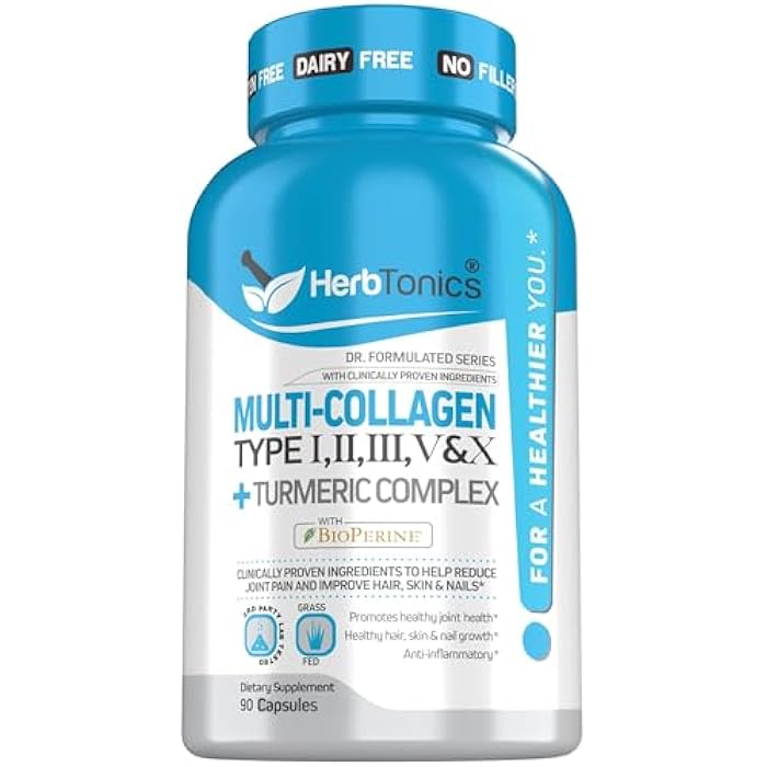 Herbtonics Multi Collagen + Turmeric Complex – Hydrolyzed Multi-Collagen (Types I, II, III, V, X) Capsules with 95% Curcuminoids & BioPerine – Supports Skin, Hair & Gut Health – 90 Capsules. - Image 1