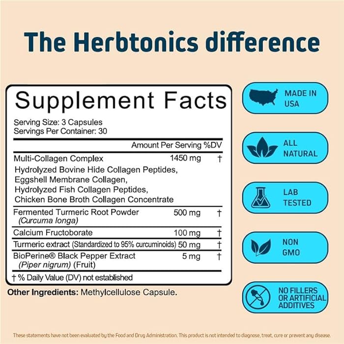 Herbtonics Multi Collagen + Turmeric Complex – Hydrolyzed Multi-Collagen (Types I, II, III, V, X) Capsules with 95% Curcuminoids & BioPerine – Supports Skin, Hair & Gut Health – 90 Capsules. - Image 3