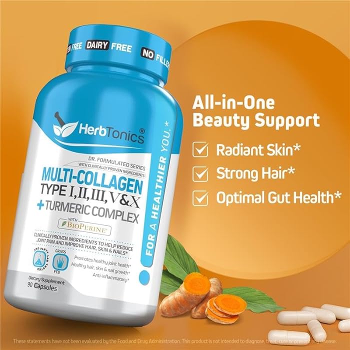 Herbtonics Multi Collagen + Turmeric Complex – Hydrolyzed Multi-Collagen (Types I, II, III, V, X) Capsules with 95% Curcuminoids & BioPerine – Supports Skin, Hair & Gut Health – 90 Capsules. - Image 2