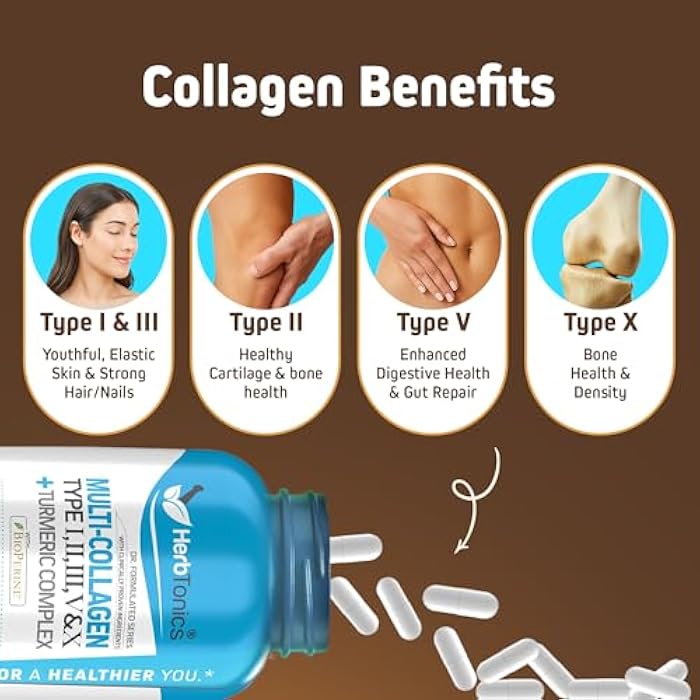Herbtonics Multi Collagen + Turmeric Complex – Hydrolyzed Multi-Collagen (Types I, II, III, V, X) Capsules with 95% Curcuminoids & BioPerine – Supports Skin, Hair & Gut Health – 90 Capsules. - Image 4