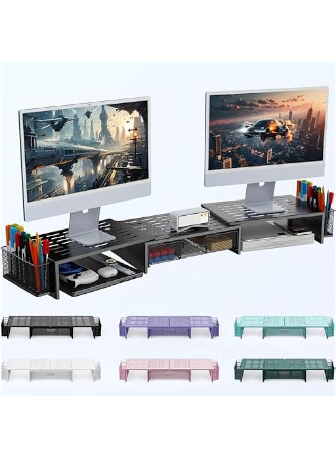 Arabest Computer Dual Monitor Stand Riser For Desk, Desk Organizers And Accessories With Drawer And 2 Pen Holder For Office, Home, School Supplies (Black) - Image 1