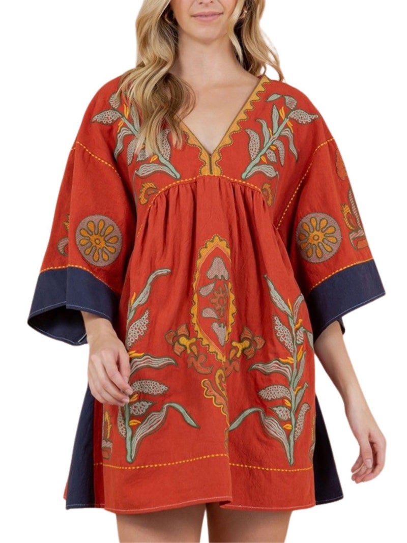 Joiemont Womens Oversized Embroidered Dress with V-Neck and 3/4 Sleeves Vintage Embroidery Babydoll Dress(0603-RustRed-S) - Image 1