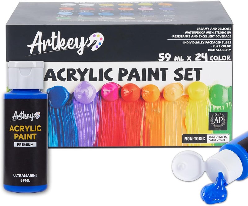 Artkey Acrylic Paint Set, 24 Colors 2 oz/59 ml Acrylic Paint Kit for Professional Artists & Beginners – Craft & Art Supplies for Canvas, Wood, Fabric, Rock, Leather, Ceramic, Glass, Easter Egg - Image 1