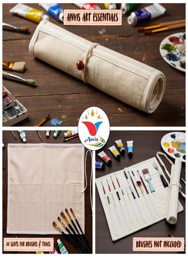 Anvis Canvas Paint Brush Roll Up Case, 26 Pockets Art Supply Storage Holder Bag with Tie Closure, Beige, Professional Stationary Organizer | Paint Brushes not Included - Image 5