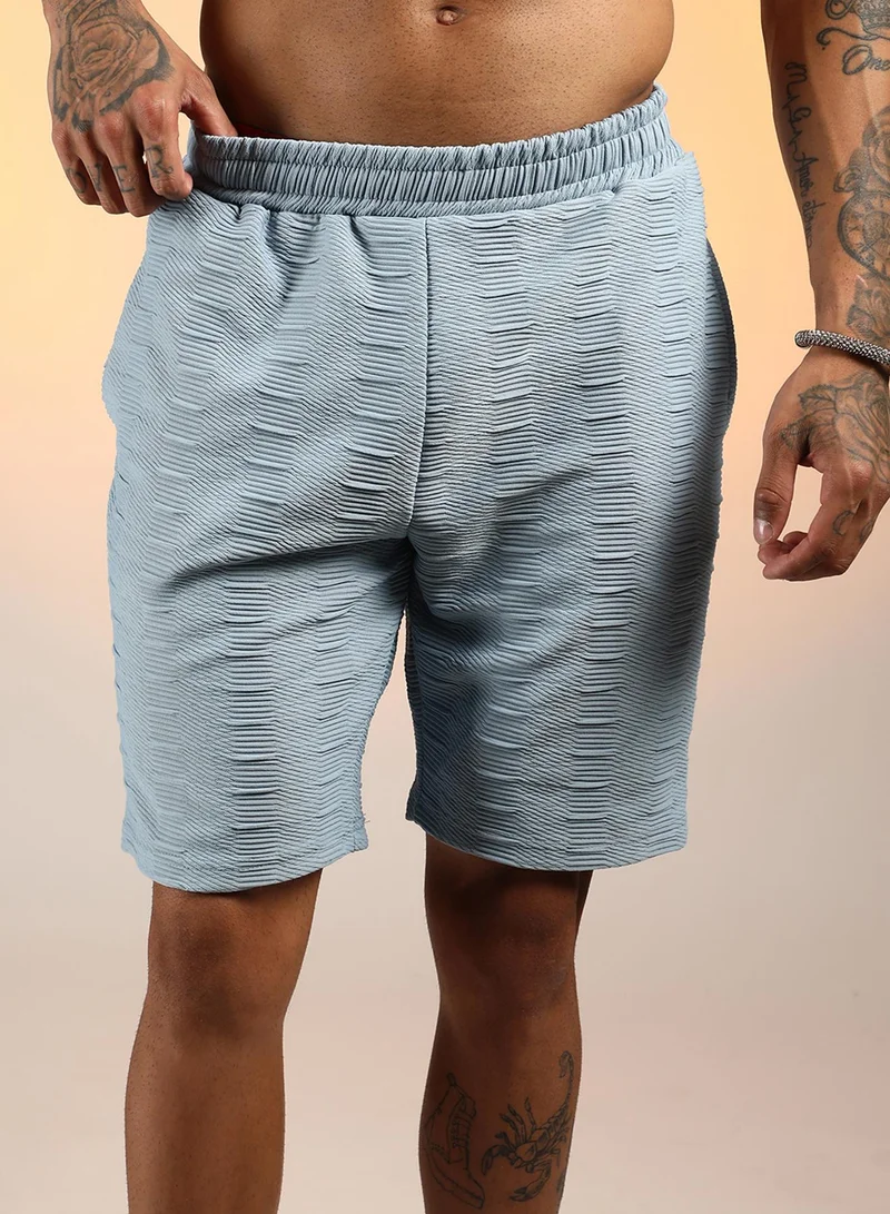 Campus Sutra Men's Powder Blue Ruche-Ribbed Co-Ord Set