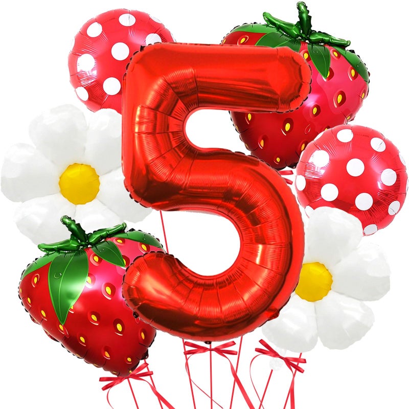 Corabsar Strawberry Balloons Fifth Birthday Decorations for Girl 40 Inch Mylar Red Number 5 Balloons Strawberry Balloon for Strawberry Party Decorations Strawberry Themed Party - Image 3