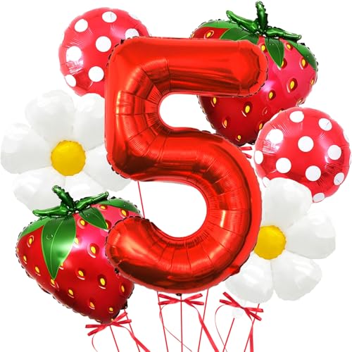 Corabsar Strawberry Balloons Fifth Birthday Decorations for Girl 40 Inch Mylar Red Number 5 Balloons Strawberry Balloon for Strawberry Party Decorations Strawberry Themed Party - Image 1