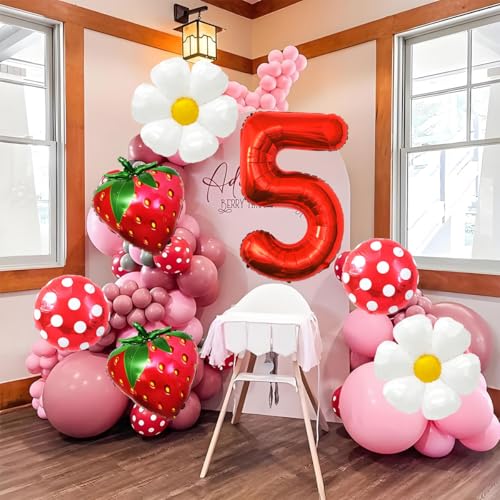 Corabsar Strawberry Balloons Fifth Birthday Decorations for Girl 40 Inch Mylar Red Number 5 Balloons Strawberry Balloon for Strawberry Party Decorations Strawberry Themed Party - Image 5