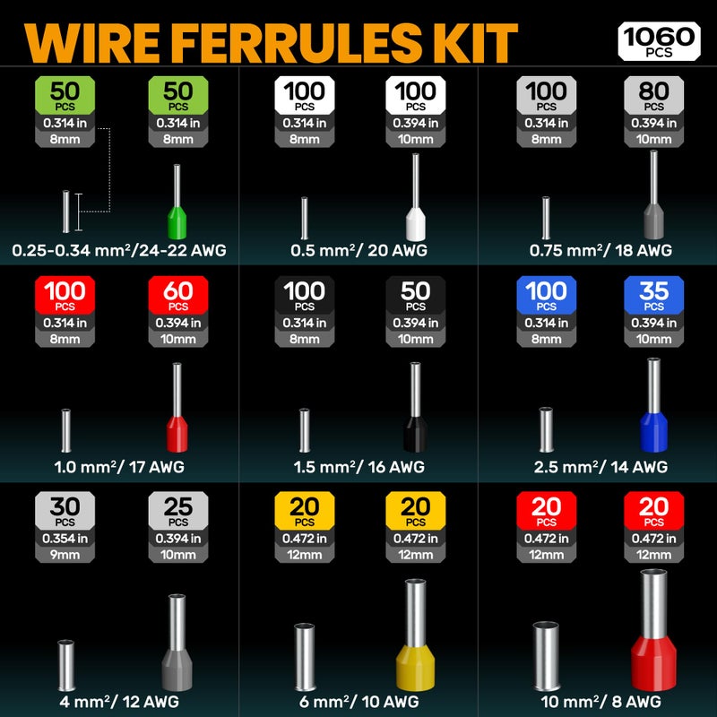 SOMELINE Ferrule Crimping Tool Kit, Self-Adjusting Pliers for Wire Ferrules AWG 24-8, With 18 Sizes Insulated and Non-insulated Wire Ferrules Terminals, Square Crimp Connector Assortment Kit - Image 4