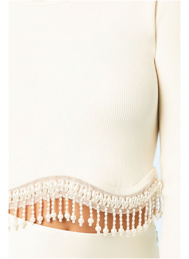FOREVER 21 - Faux Pearl-Trim Seamless Crop Top - Image 1