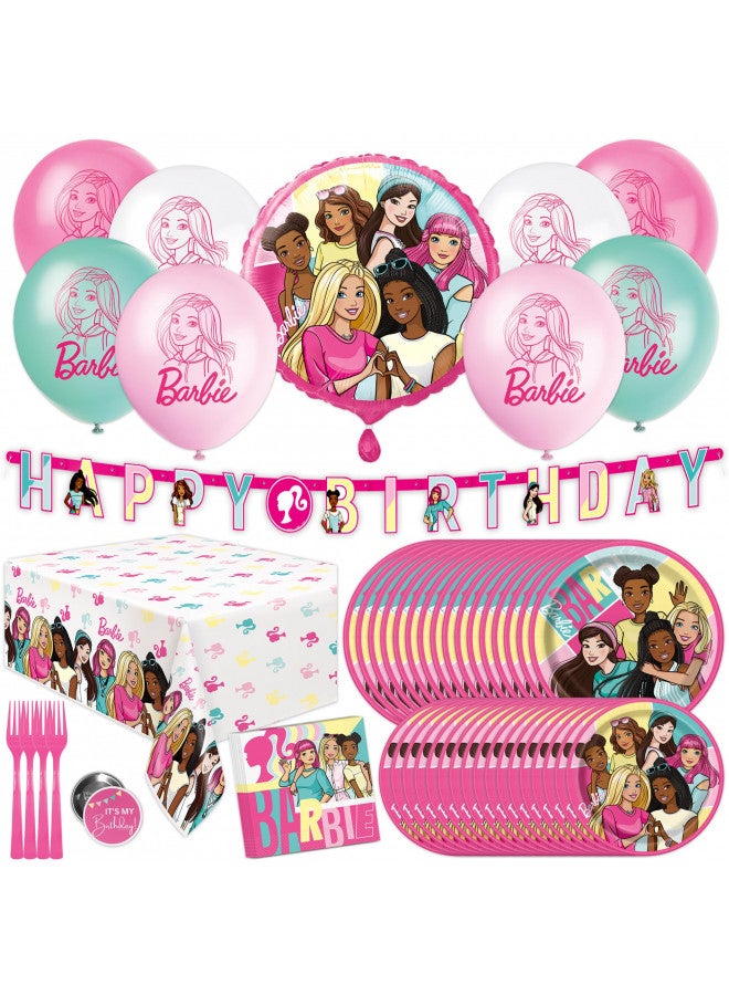 Unique Barbie Party Decorations | Serves 16 Guests | Officially Licensed | Barbie Birthday Decorations | Barbie Birthday Party Supplies | Barbie Balloons, Banner, Tablecover, Plates, Napkins, Button - Image 1