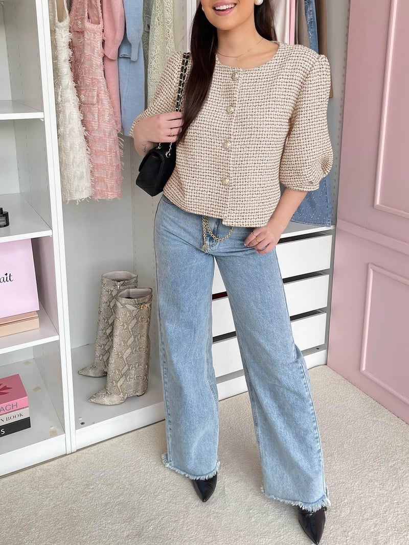 Cicy Bell Womens Cropped Tweed Blazers Puff Short Sleeve Crew Neck Button Business Casual Suit Jackets Khaki - Image 4