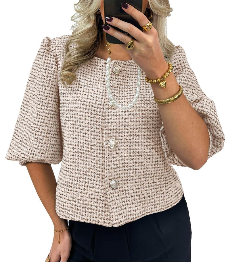Cicy Bell Womens Cropped Tweed Blazers Puff Short Sleeve Crew Neck Button Business Casual Suit Jackets Khaki - Image 1