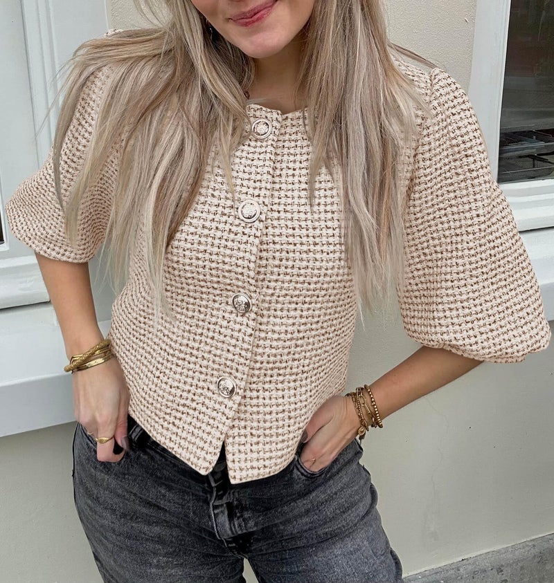 Cicy Bell Womens Cropped Tweed Blazers Puff Short Sleeve Crew Neck Button Business Casual Suit Jackets Khaki - Image 5