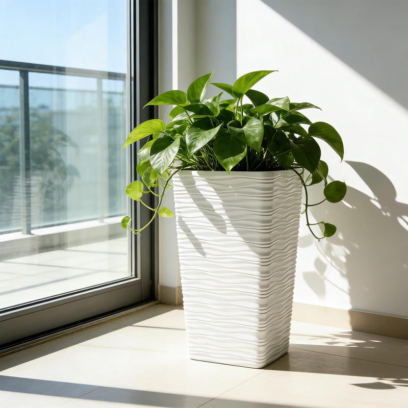 Worth Garden 22" Tall Planters Set of 2 - Plastic White Square Plant Pots with Drainage Hole - Modern Large Tapered Matte Wavy Tree Flower Pot for Indoor Outdoor Porch Deck - Image 3