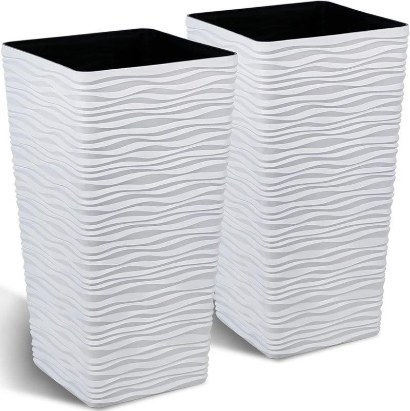 Worth Garden 22" Tall Planters Set of 2 - Plastic White Square Plant Pots with Drainage Hole - Modern Large Tapered Matte Wavy Tree Flower Pot for Indoor Outdoor Porch Deck - Image 1