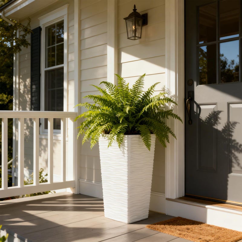 Worth Garden 22" Tall Planters Set of 2 - Plastic White Square Plant Pots with Drainage Hole - Modern Large Tapered Matte Wavy Tree Flower Pot for Indoor Outdoor Porch Deck - Image 4