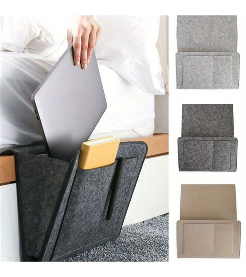 1 Pc Light Gray Felt Bedside Storage Organizer Anti Slip Bag Hanging Couch Side Pouch Holder For Bed Sofa - Image 5