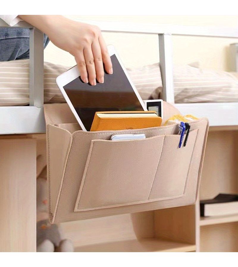 1 Pc Light Gray Felt Bedside Storage Organizer Anti Slip Bag Hanging Couch Side Pouch Holder For Bed Sofa - Image 3