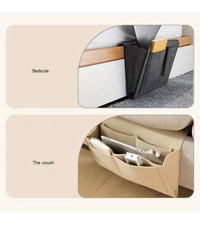 1 Pc Light Gray Felt Bedside Storage Organizer Anti Slip Bag Hanging Couch Side Pouch Holder For Bed Sofa - Image 4