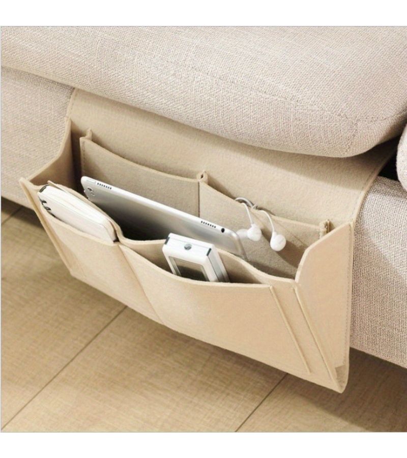 1 Pc Light Gray Felt Bedside Storage Organizer Anti Slip Bag Hanging Couch Side Pouch Holder For Bed Sofa - Image 1