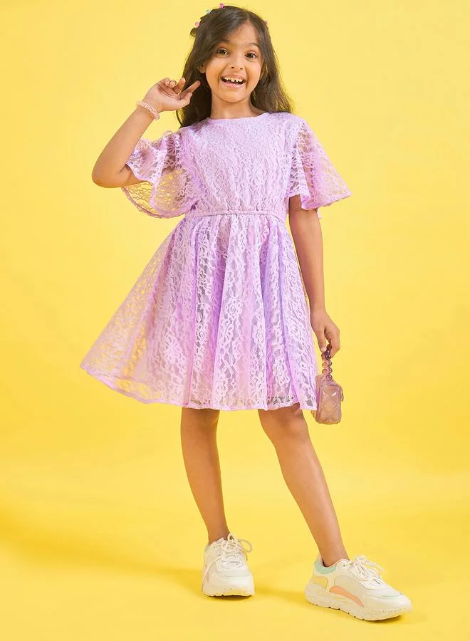 Stylo Bug Girls Purple Lace Flared Sleeve Dress