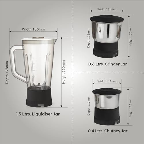 Glen 3-in-1 Juicer Mixer Grinder 600W with 1 Transparent Liquidiser, 2 Stainless Steel Grinder Jars - Black (SA4014JAR3) - Image 4