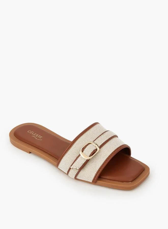 Celeste BROWN Women Textured Buckle Detail Flat Sandals for Women | Best Price UAE