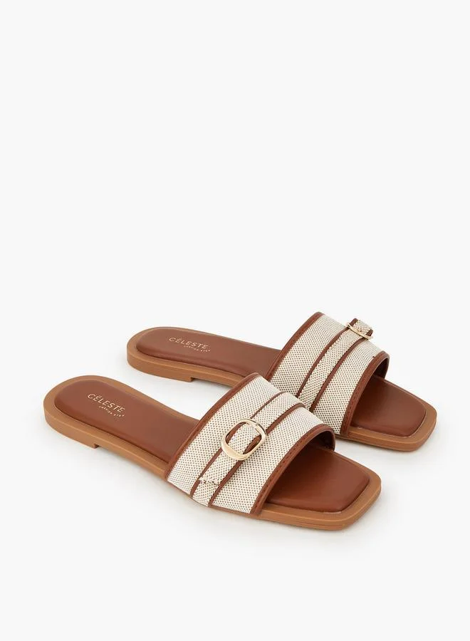 Celeste BROWN Women Textured Buckle Detail Flat Sandals for Women | Best Price UAE