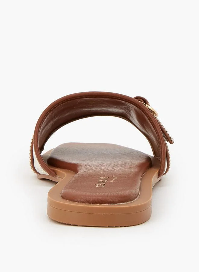 Celeste BROWN Women Textured Buckle Detail Flat Sandals for Women | Best Price UAE