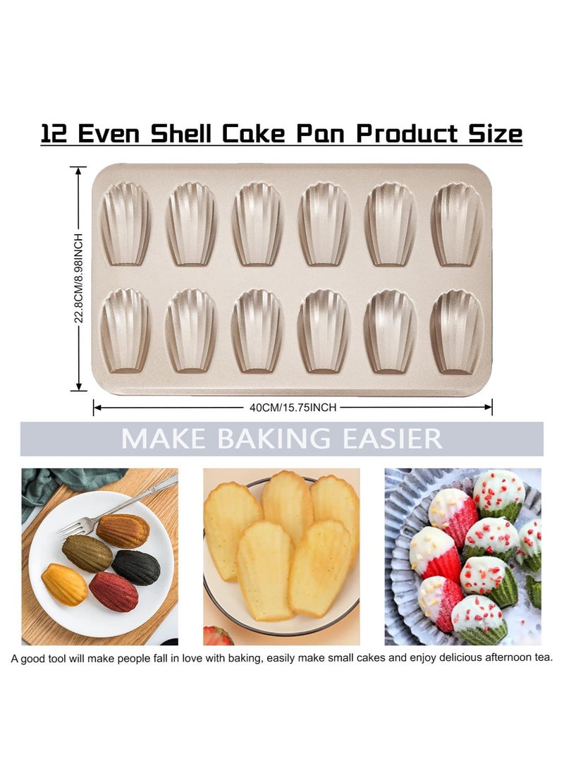 2 PCS Madeleine Mold Cake Pan, 12-Cavity Shell Shape Madeline Bakeware, Nonstick Madeleine Mold Cake Pan for Oven Baking, Gold