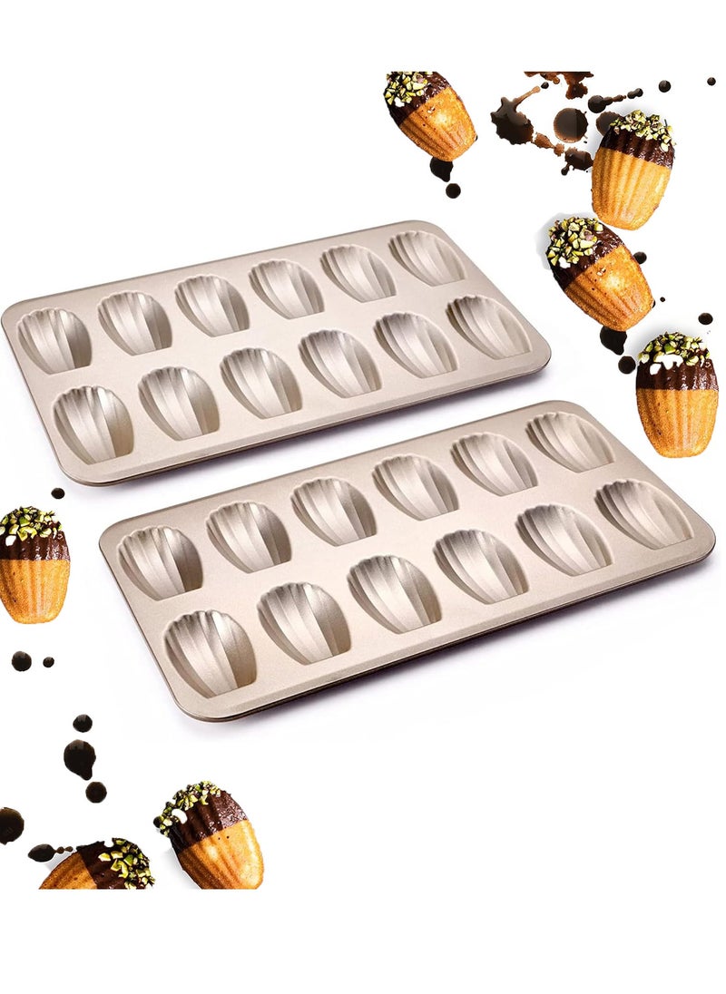 Arabest 2 PCS Madeleine Mold Cake Pan, 12-Cavity Shell Shape Madeline Bakeware, Nonstick Madeleine Mold Cake Pan for Oven Baking, Gold  - Image 1