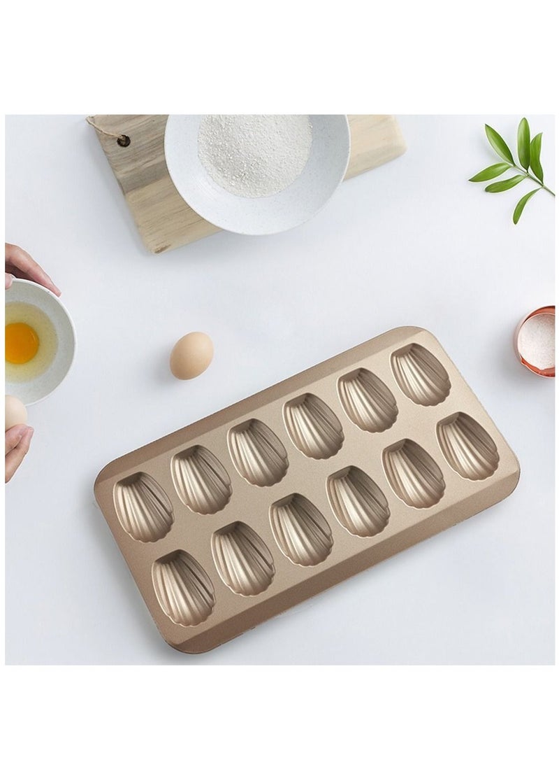 2 PCS Madeleine Mold Cake Pan, 12-Cavity Shell Shape Madeline Bakeware, Nonstick Madeleine Mold Cake Pan for Oven Baking, Gold