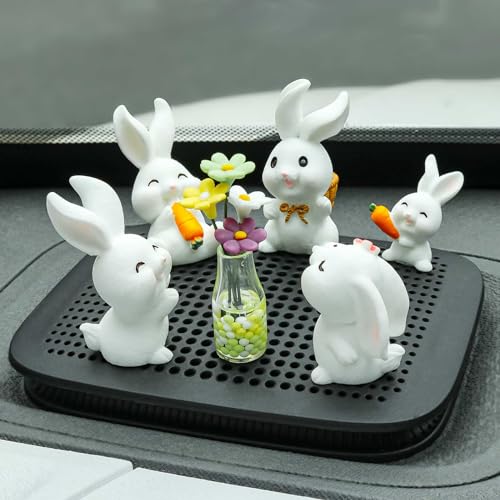 Dexspoeny 7 Pcs Mini Bunny Cute Car Interior Accessories Mini Bunny Daisy Flowers Miniature Figurines Mini Cute Car Dash Decorations Car Interior Ornaments Home Office Decor for Women Gifts - Image 1
