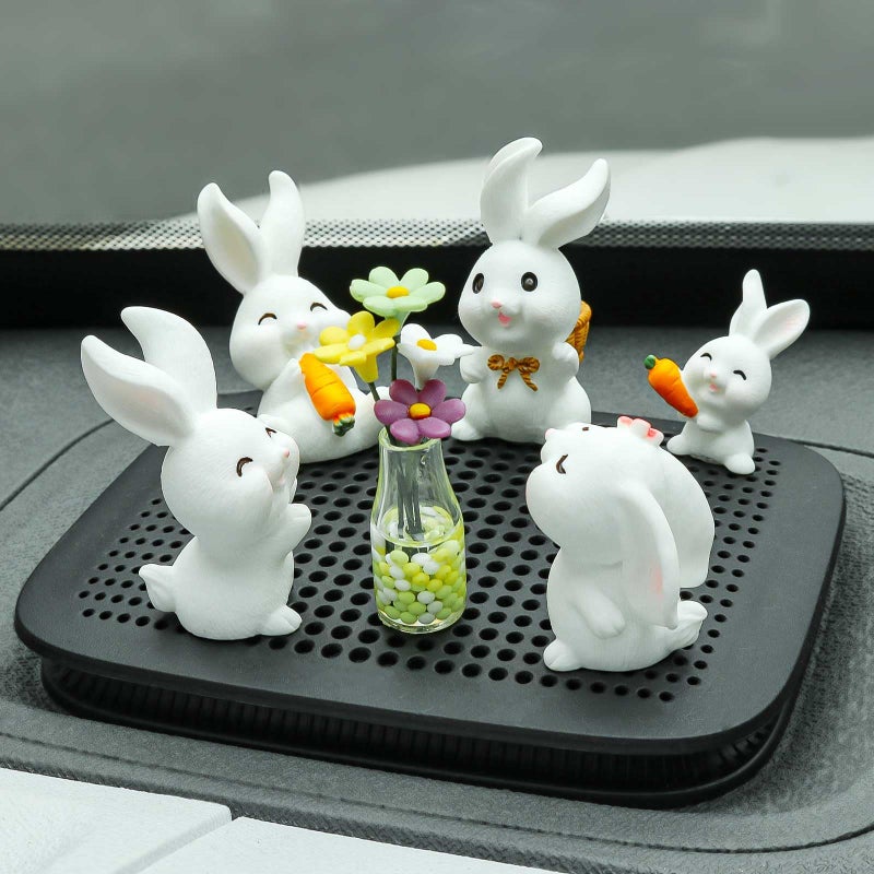 Dexspoeny 7 Pcs Mini Bunny Cute Car Interior Accessories Mini Bunny Daisy Flowers Miniature Figurines Mini Cute Car Dash Decorations Car Interior Ornaments Home Office Decor for Women Gifts - Image 3