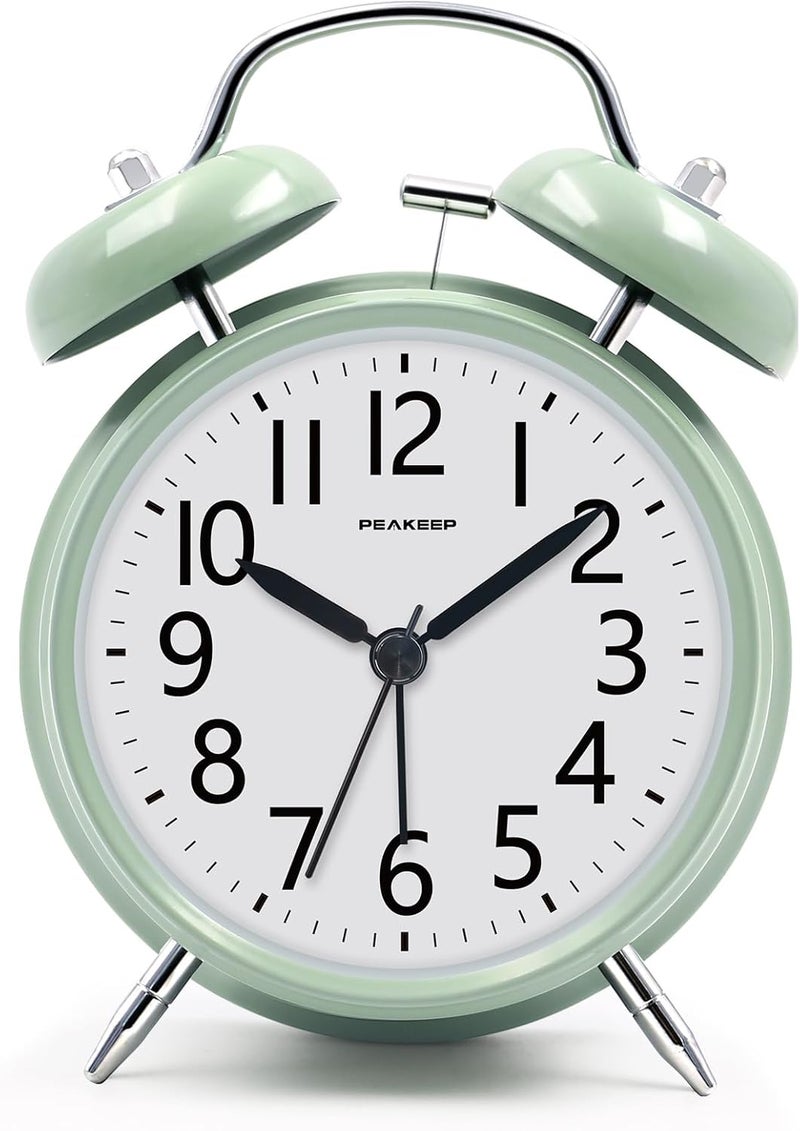 Peakeep Loud Battery Alarm Clock for Heavy Sleepers Adults Kids, Analog 4.5" Twin Bell Old School Fashioned Style for Bedrooms Living Room Decor (Avocado Green) - Image 1