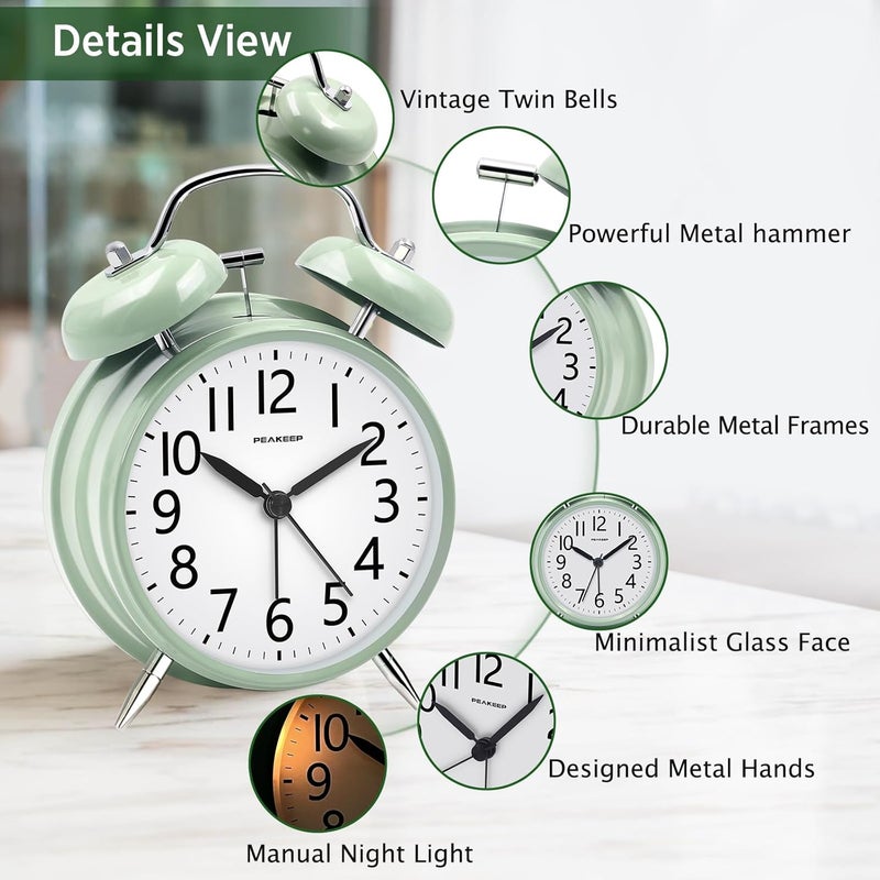 Peakeep Loud Battery Alarm Clock for Heavy Sleepers Adults Kids, Analog 4.5" Twin Bell Old School Fashioned Style for Bedrooms Living Room Decor (Avocado Green) - Image 4