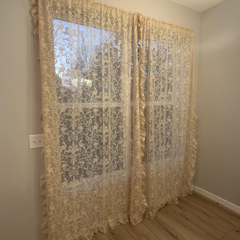 TUDECO Beige Lace Curtains 84 Inches Long - Vintage Ruffle Sheer Curtains for Living Room, Farmhouse Flowy Flower Rod Pocket Fluffy Aesthetic Art Decor 1 Pair, 59 x 84 Inch, Natural Beige - Image 4