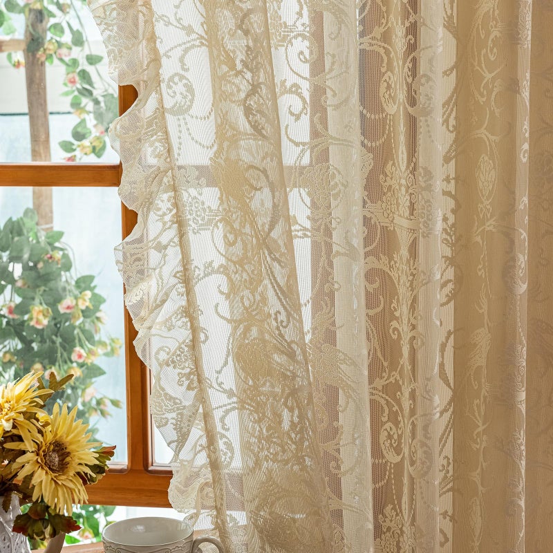 TUDECO Beige Lace Curtains 84 Inches Long - Vintage Ruffle Sheer Curtains for Living Room, Farmhouse Flowy Flower Rod Pocket Fluffy Aesthetic Art Decor 1 Pair, 59 x 84 Inch, Natural Beige - Image 3