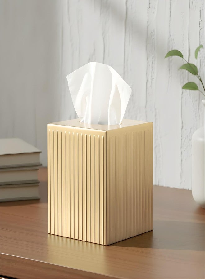 Monarch Abode غطاء علبة مناديل مربع الشكل منقوش يدويًا من مونارك أبود، حامل مناديل ذهبي للحمام، إكسسوارات معدنية مربعة للخزانة، حامل علبة مناديل مزخرف، غطاء مناديل ذهبي مصقول - Image 2