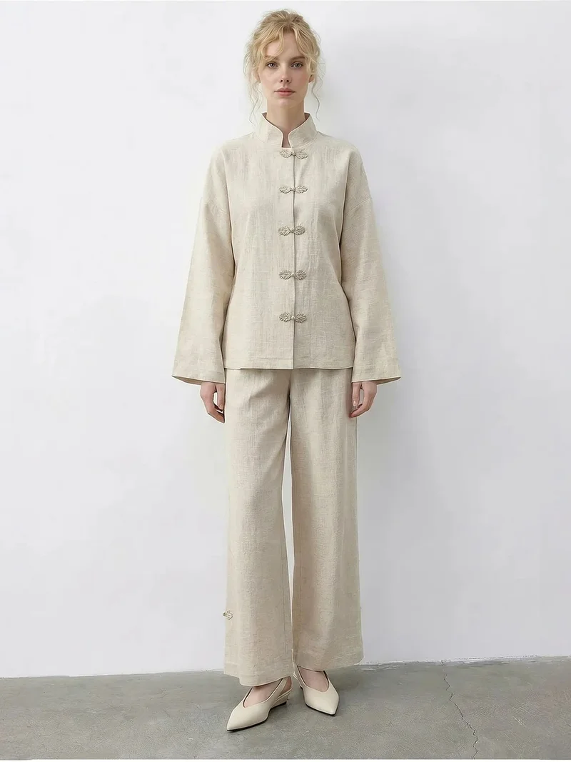 Bianco Lucci LUCCI High Waist Wide Leg Two-Piece Co-Ord Set with Mandarin Collar