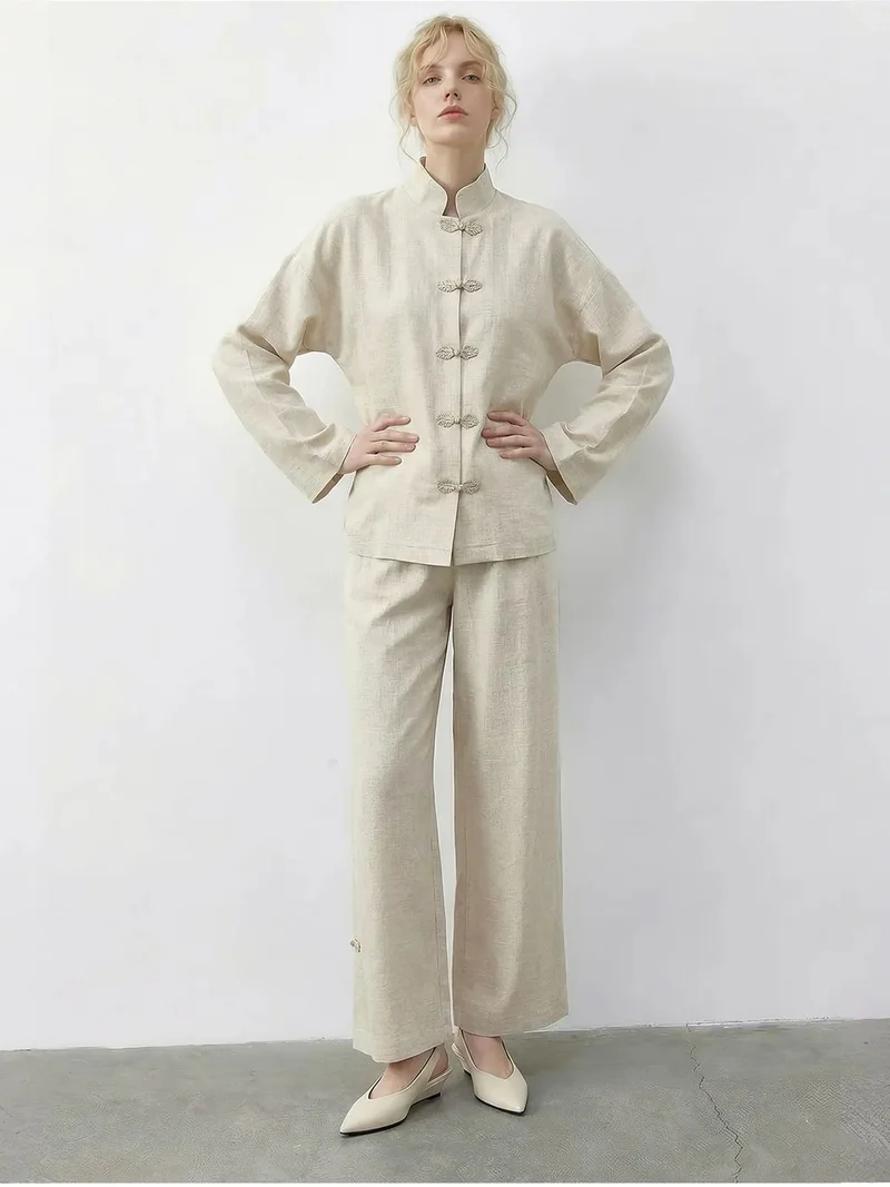 Bianco Lucci LUCCI High Waist Wide Leg Two-Piece Co-Ord Set with Mandarin Collar