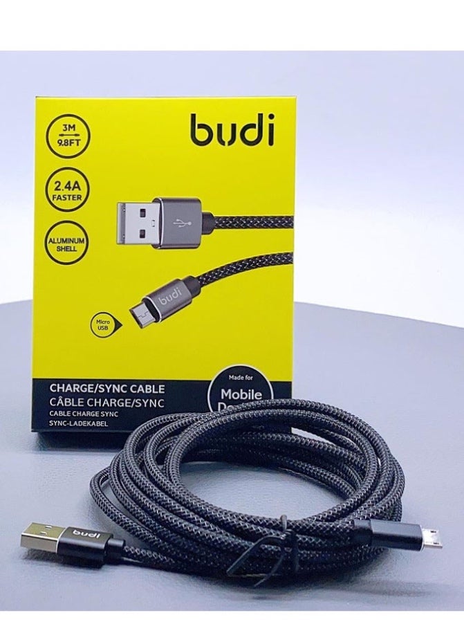 كيبل شحن مايكرو يوسبي ونقل بيانات بودي (budi) من USB إلى Micro USB قماش مقوى بقوة 2.4A وطول 3 متر