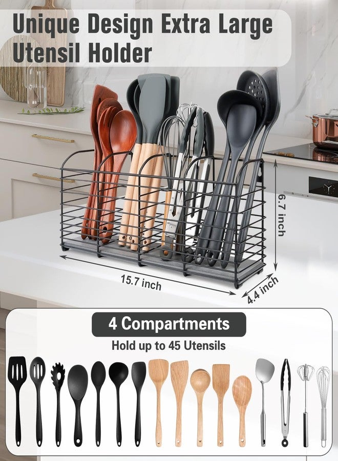 PrimZooty Extra-Large Kitchen Utensil Holder with Diatomaceous Earth Base, 4-Compartment Organizer for Cooking Tools, 15.7"x 6.7"x 4.4", Dries moisture quickly, Aesthetic Matte Black Design for Kitchen Counter - Image 3