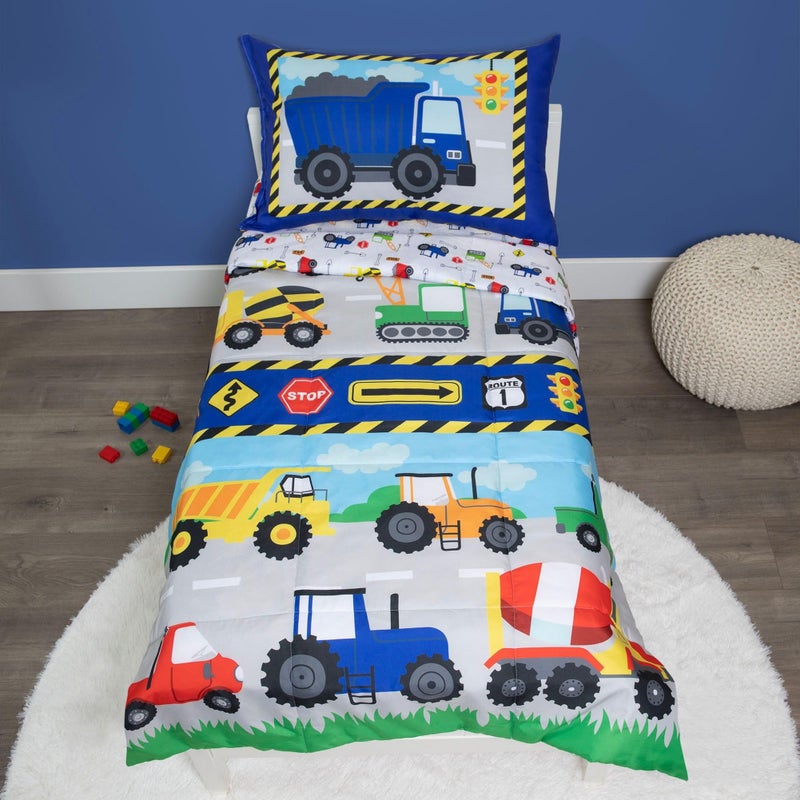 Baby Boom Baby Boom Funhouse Construction Area 4 Piece Toddler Bedding Set Trucks Includes Comforter Sheet Set Fitted Top Sheet Reversible Pillowcase for Boys Bed Blue