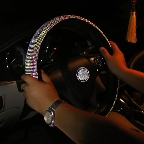 CARWALES Car Sparkly Steering Wheel Cover Bedazzled for Women Girls, Large Size 15 1/2''-16'' inch Colorful Bling Anti-Slip Wheel Protector, Black - Image 2