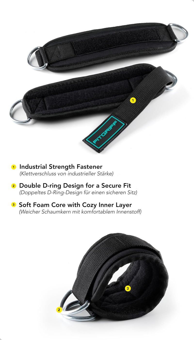 FitgriffÂ® Ankle Straps V3 for Cable Machine (2 Pieces) - Gym Workout Equipment - Leg Pulley Attachment, Kickback Straps (Black/Cyan) - Image 3