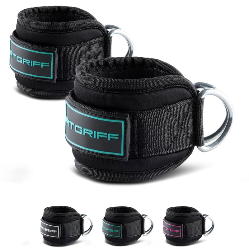 FitgriffÂ® Ankle Straps V3 for Cable Machine (2 Pieces) - Gym Workout Equipment - Leg Pulley Attachment, Kickback Straps (Black/Cyan) - Image 1