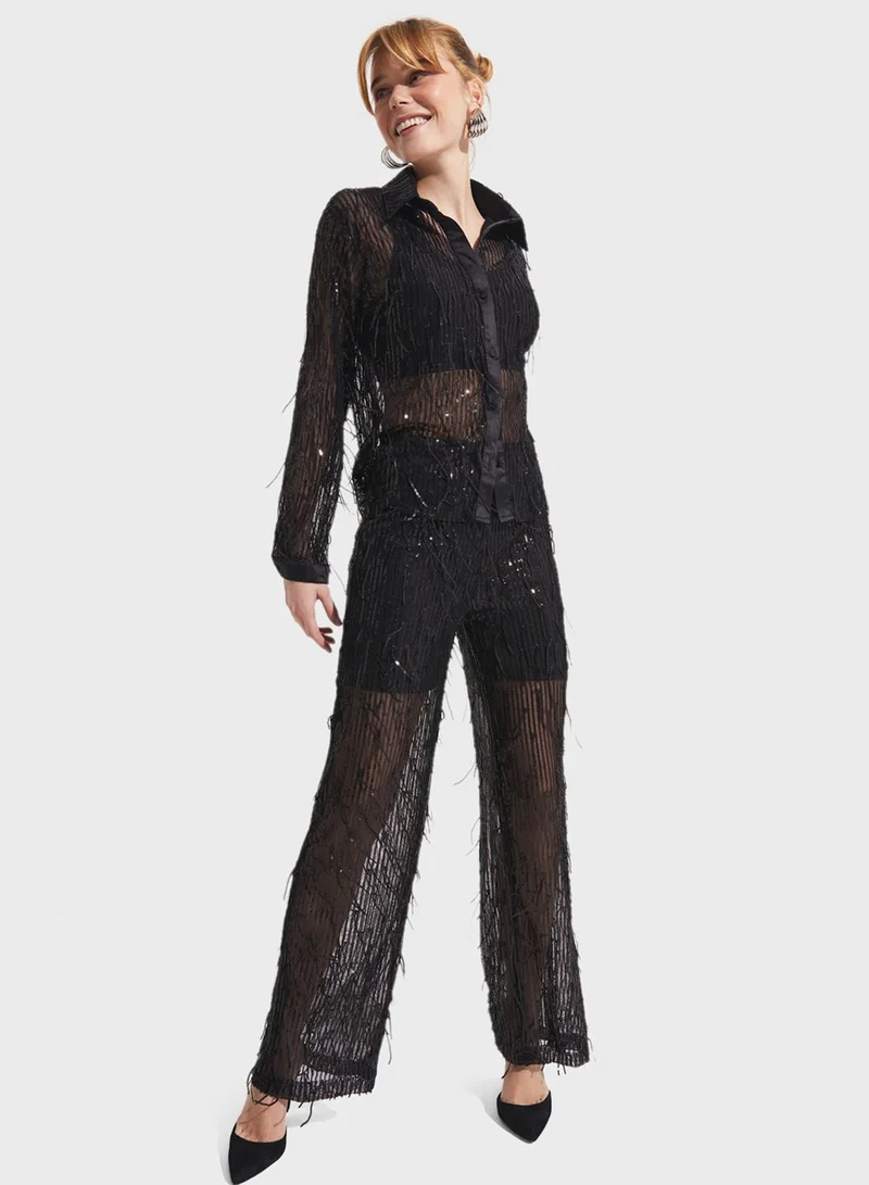 JUNE Fringe Sequin Shirt & Pants Set